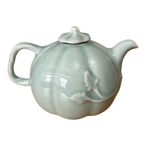Celadon Light Green Petite Pumpkin Teapot Raised Detailing MMA PEM