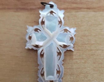 Vintage Mother of Pearl Carved Cross Bethlehem Pendant