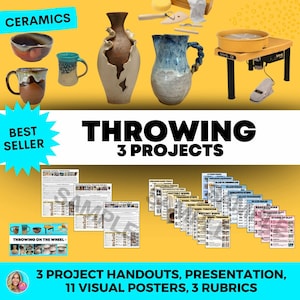 May include: An image showcasing ceramic art projects. Featured are various pottery pieces, including bowls, mugs, and vases. The image also displays a pottery wheel and instructional materials. Text on the image reads "CERAMICS", "THROWING 3 PROJECTS", and "BEST SELLER".