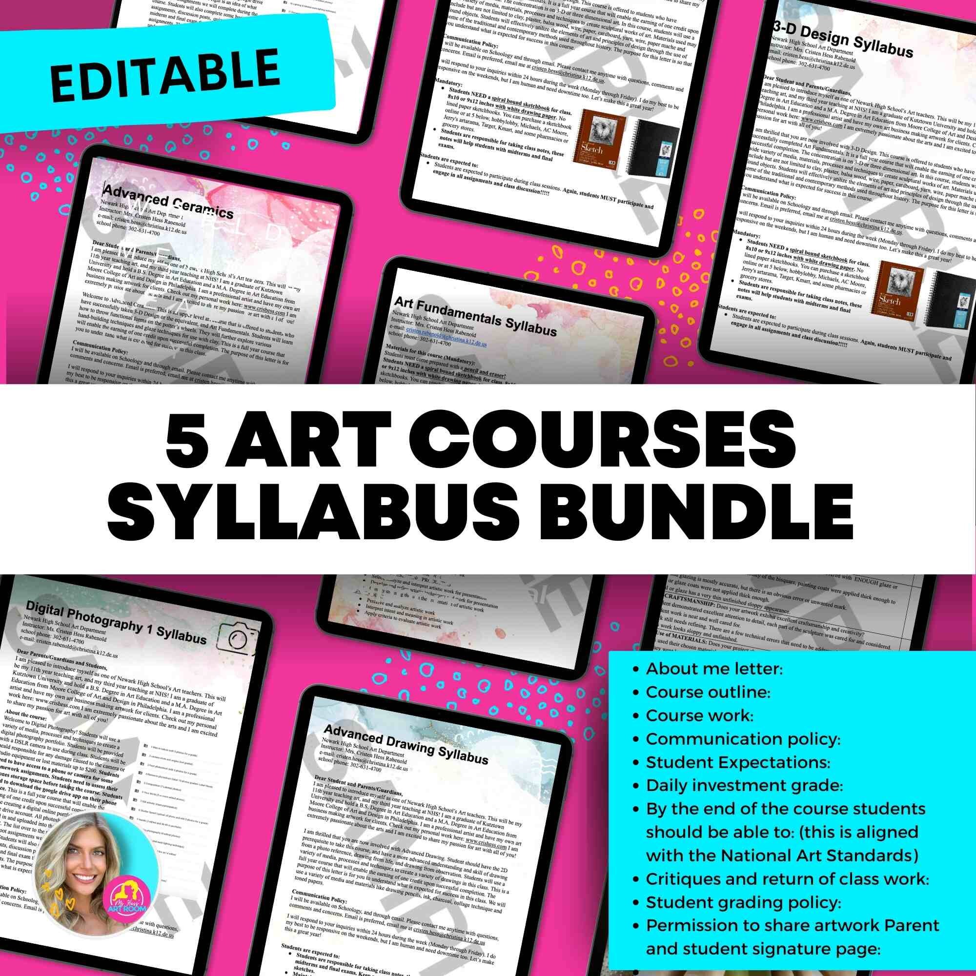 5 Corsi d'Arte Syllabus BUNDLE per Liceo o Scuola Media Corso d'Arte