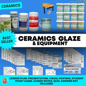 Può includere: Un set colorato di barattoli di smalto ceramico, un tornio da vasaio e una tazza. L'immagine include anche una varietà di risorse educative per la ceramica, tra cui piani di lezione, presentazioni, poster visivi, guide di studio, note guidate, quiz e risposte. Il testo "Best Seller" e "Smalto e Attrezzatura Ceramica" è incluso nell'immagine.