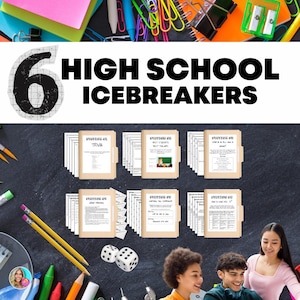 May include: A set of six high school icebreaker activities. The activities are printed on white paper and are organized in folders. The folders are labeled with the activity name and a number. The image also includes a black chalkboard background, pencils, crayons, and dice.