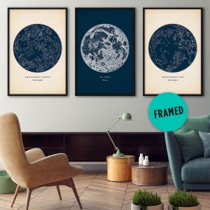 Conjunto de mapas estelares de 3, Arte enmarcado, Mapa estelar, Impresión de constelaciones, Carta estelar, Impresión de astronomía, Póster de la Luna, Marco grande, Póster de constelaciones