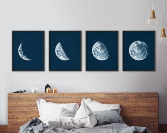 Moon Phases Print Set, Moon Phases Wall Art, Moon Phases Print, Full Moon Wall Art, Moon Art, Astronomy Print, Nautical Decor, Wall Decor