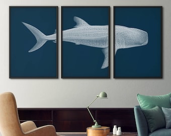 Shark Art Poster Set of 3, Whale Shark Poster, Shark Art Print, Shark Print, Nautical Decor, Print Set, Coastal Decor, Shark Poster