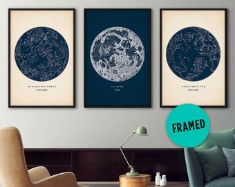 Star map set of 3, Framed art, Star map, Constellation print, Star chart, Astronomy print, Moon poster, Large frame, Constellation poster