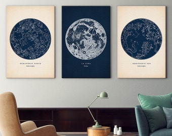 Star Map Set on Canvas, Star Map Prints, Constellation Maps, Star Chart Print, Constellations Chart, Astronomy Wall Decor, Constellation Art