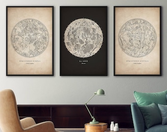 Antique Astronomy Print Set, Star Map Print, Star Chart Print, Constellation Art, Constellations Chart, Moon Print, Nautical Decor, Wall Art