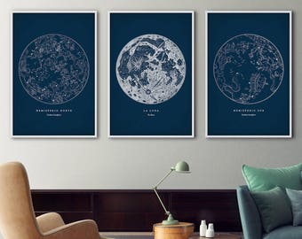 Star Maps, Framed Art Set of 3, Star Maps, Star Chart Print, Constellations Chart, Moon Print, Start Charts, Moon Poster, Constellation Art