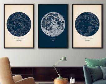 Astronomy print set of 3, Star map print, Star chart print, Constellation art, Constellations chart, Moon print, Nautical decor, Wall art