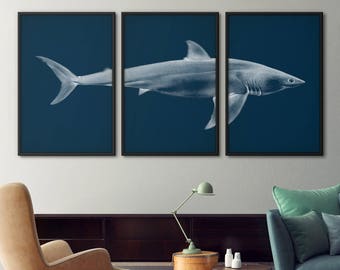 Shark Print Set of 3, Shark Art, Great White Shark Print, Shark Art, Large Print Set, Print Set, Nautical Decor, Coastal Decor