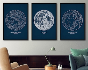 Star map prints set of 3, Star maps, Star chart print, Constellations chart, Moon print, Start charts, Moon poster, Constellation art