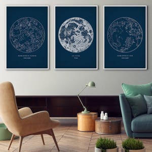 Star Maps, Framed Art Set of 3, Star Maps, Star Chart Print, Constellations Chart, Moon Print, Start Charts, Moon Poster, Constellation Art