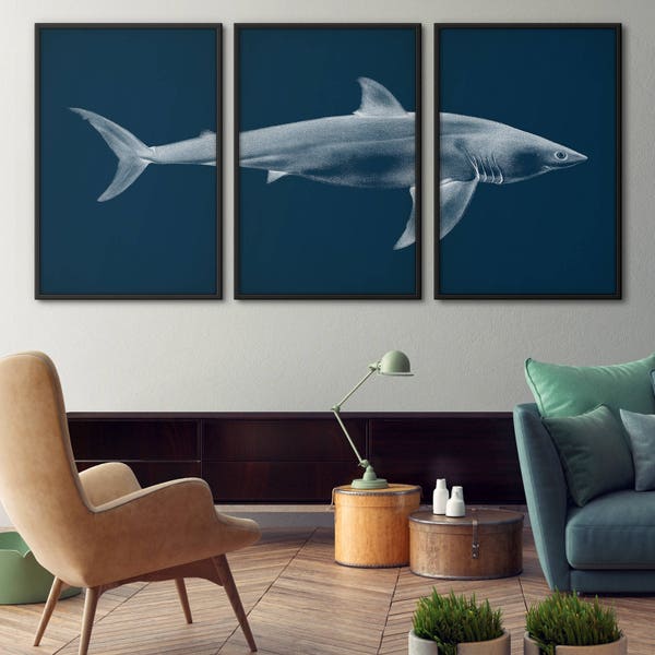 Shark Print Set of 3, Shark Art, Great White Shark Print, Shark Art, Large Print Set, Print Set, Nautical Decor, Coastal Decor