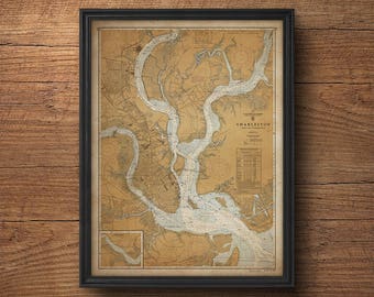 Charleston Map, South Carolina Map, Old Charleston Map, Vintage Map, Nautical Decor, Large Wall Art, Above Bed Decor, Antique Map