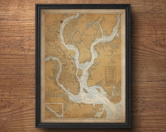 Charleston Map, South Carolina Map, Old Charleston Map, Vintage Map, Nautical Decor, Large Wall Art, Above Bed Decor, Antique Map
