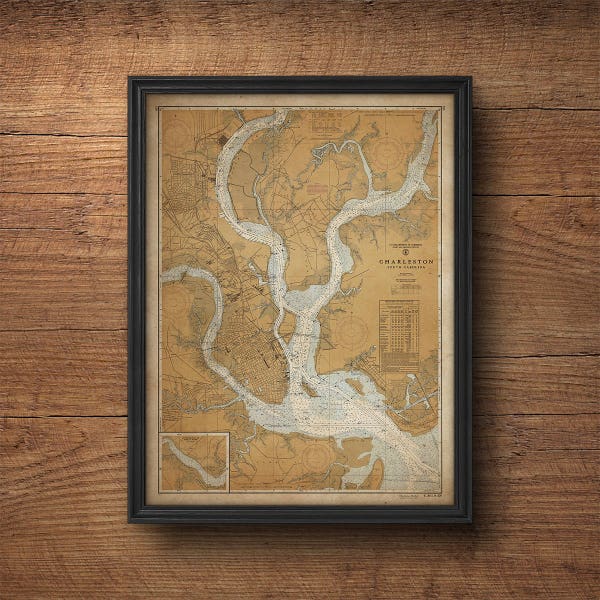 Charleston Map, South Carolina Map, Old Charleston Map, Vintage Map, Nautical Decor, Large Wall Art, Above Bed Decor, Antique Map