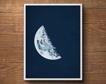 Moon poster, Moon phase print, Half Moon, Moon art, Large wall art, Nautical decor, Astronomy print, La Luna print, Large wall Art