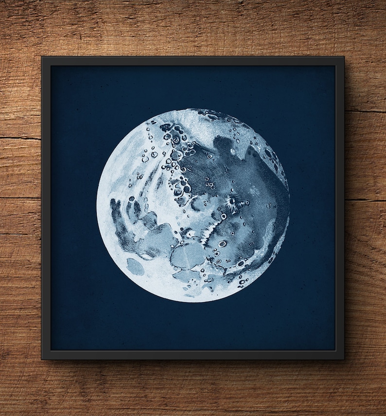 May include: A black framed print of a detailed illustration of the moon on a dark blue background.