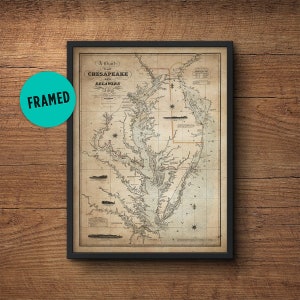 Mappa di Chesapeake Bay, Mappa incorniciata, Mappa del Delaware, Mappa vintage di Chesapeake Bay, Decorazione nautica, Grande arte della parete, Decorazione sopra il letto, Mappa antica