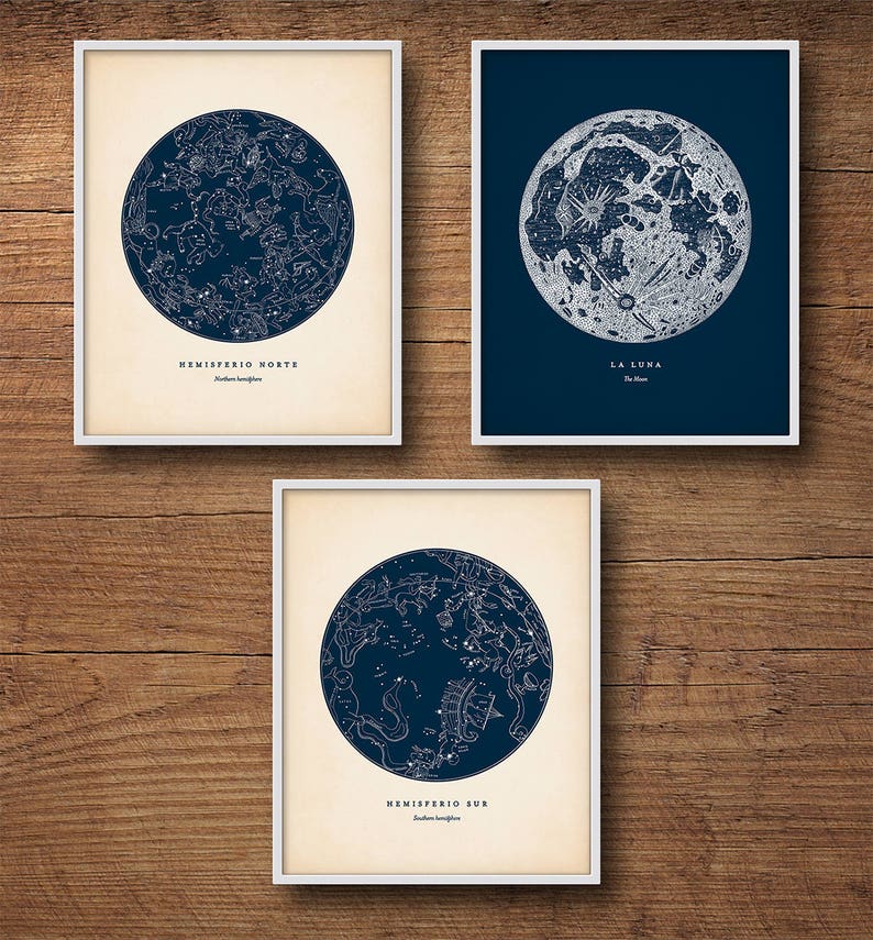 Astronomy print set of 3, Star map print, Star chart print, Constellation art, Constellations chart, Moon print, Nautical decor, Wall art image 3