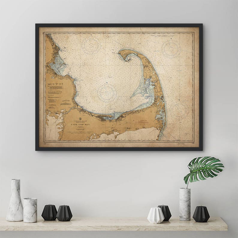 Cape Cod Map Large Framed Art Vintage Map Nautical Decor Etsy
