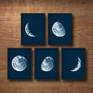 May include: Set of six framed prints featuring different phases of the moon in shades of blue on a dark blue background.