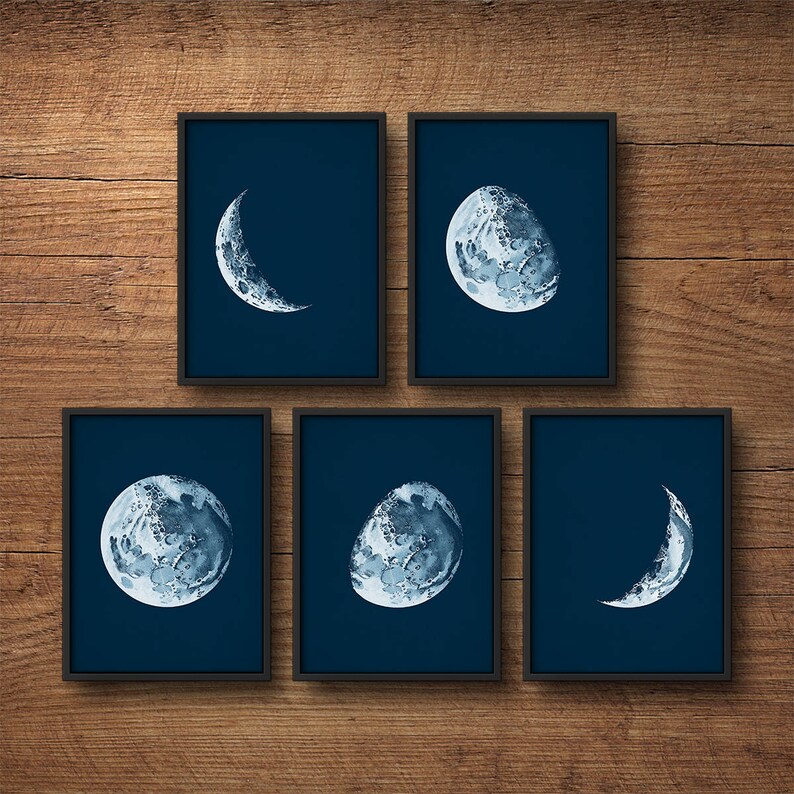 May include: Set of six framed prints featuring different phases of the moon in shades of blue on a dark blue background.