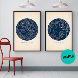 Sternenkarte 2er Set, Gerahmte Kunst, Astronomie Druck, Sternbild Kunst, Sternenkarte Druck, Himmlische Karte, Nordische Konstellationen, Gerahmte Druck Set