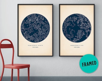 Sternenkarte 2er Set, Gerahmte Kunst, Astronomie Druck, Sternbild Kunst, Sternenkarte Druck, Himmlische Karte, Nordische Konstellationen, Gerahmte Druck Set