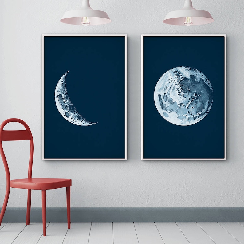 Moon Phases Set of 2, Full Moon Print, Crescent Moon Print, Moon Phases Print, Nursery Decor, Moon Art, Astronomy Print, Wall Decor image 2