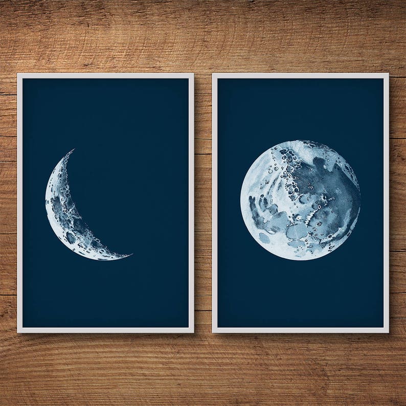 Moon Phases Set of 2, Full Moon Print, Crescent Moon Print, Moon Phases Print, Nursery Decor, Moon Art, Astronomy Print, Wall Decor image 4