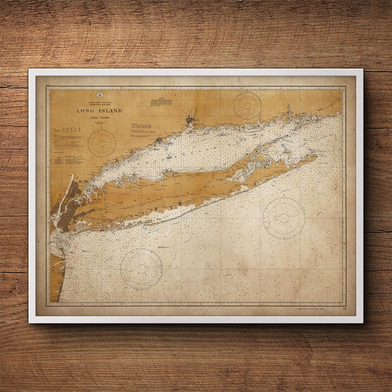 Long Island Map Large Framed Art Vintage Map Nautical Etsy