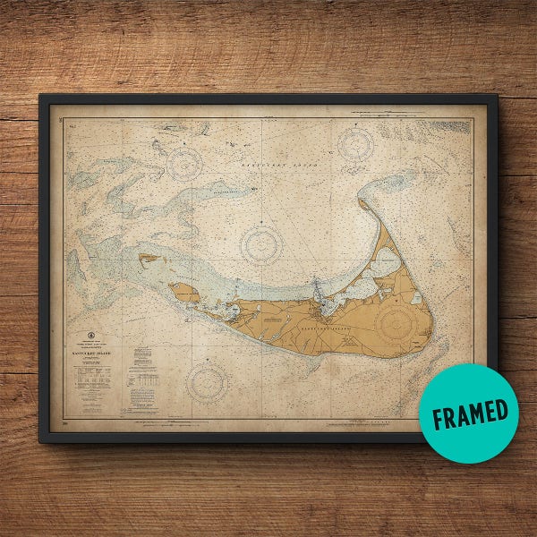 Nantucket Map, Large Framed Art, Vintage Map, Nautical Decor, Large Framed Art, Extra Large, Above Bed Decor, Bedroom Art, Antique Map