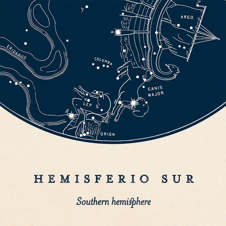 May include: A blue and white illustration of the Southern Hemisphere constellations, including Canis Major, Argo, Orion, Eridanus, Lepus, and Columba. The text "HEMISFERIO SUR" and "Southern hemisphere" are printed below the illustration.