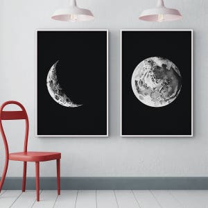 Moon Phases Set of 2, Full Moon Print, Crescent Moon Print, Moon Phases Print, Nursery Decor, Moon Art, Astronomy Print, Wall Decor image 1