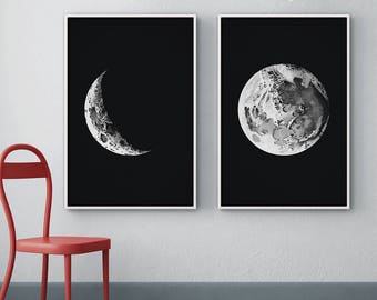 Moon Phases Set of 2, Full Moon Print, Crescent Moon Print, Moon Phases Print, Nursery Decor, Moon Art, Astronomy Print, Wall Decor