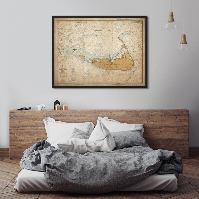 Nantucket Map Large Framed Art Vintage Map Nautical Decor Etsy
