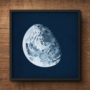May include: A black and white illustration of the moon on a dark blue background. The moon is shown in a crescent shape with craters and other surface features visible.