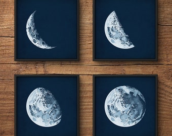 Moon Phases Print Set, Moon Phases Posters, Moon Posters, Moon Prints, Moon Art, Astronomy Print, Nautical Decor, Large Wall Art, Moon Phase