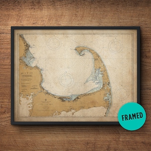 Cape Cod Art, Große gerahmte Kunst, Vintage Karte, Nautische Dekor, große gerahmte Kunst, extra groß, Überbett Dekor, Schlafzimmer Kunst, Antike Karte