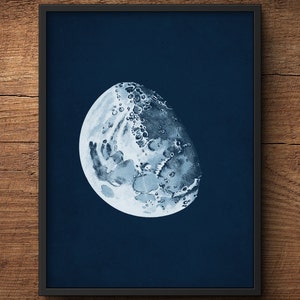 May include: A vintage illustration of the moon in shades of blue. The moon is depicted with craters and a detailed surface.