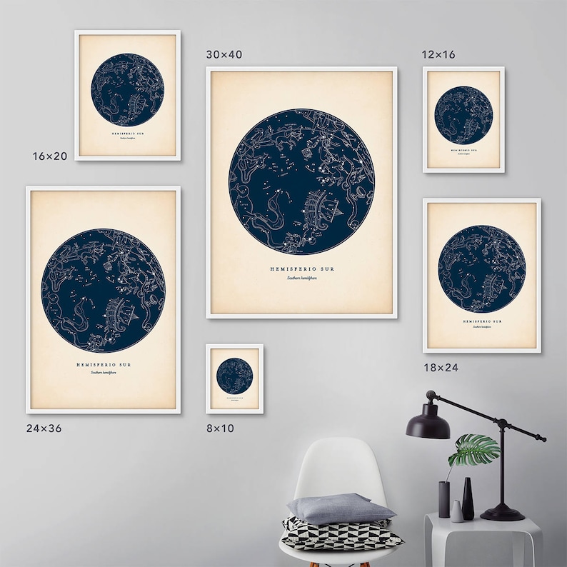 May include: A set of nine framed prints featuring a constellation map of the Southern Hemisphere. The prints are available in various sizes, including 8x10 inches, 12x16 inches, 16x20 inches, 18x24 inches, 24x36 inches, and 30x40 inches. The prints are all white with a cream background and feature a dark blue constellation map with white stars.