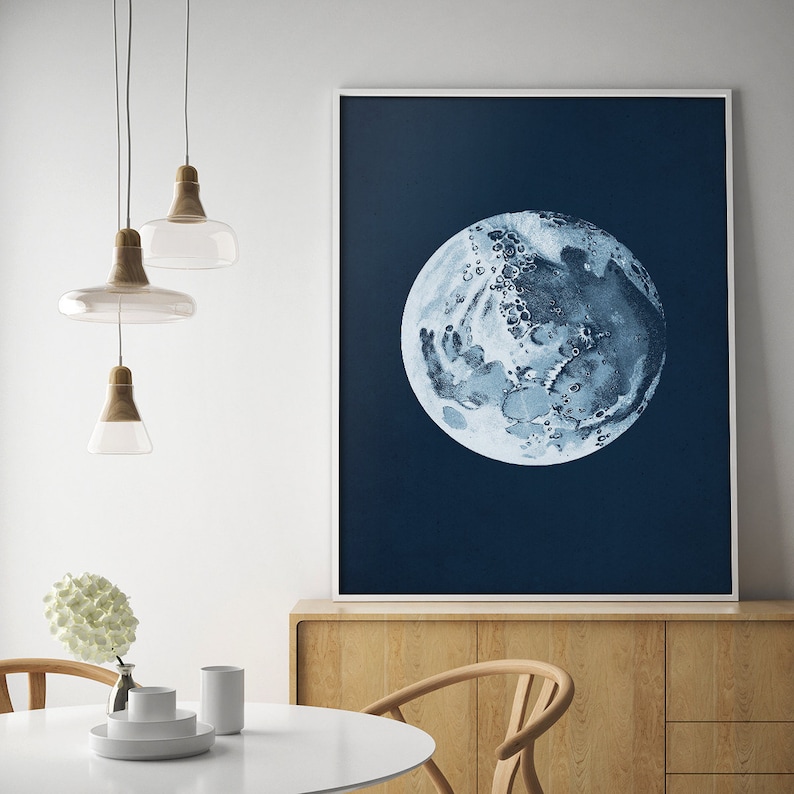 Moon Art Print Blue Moon Wall Decor Full Moon Poster Full Etsy
