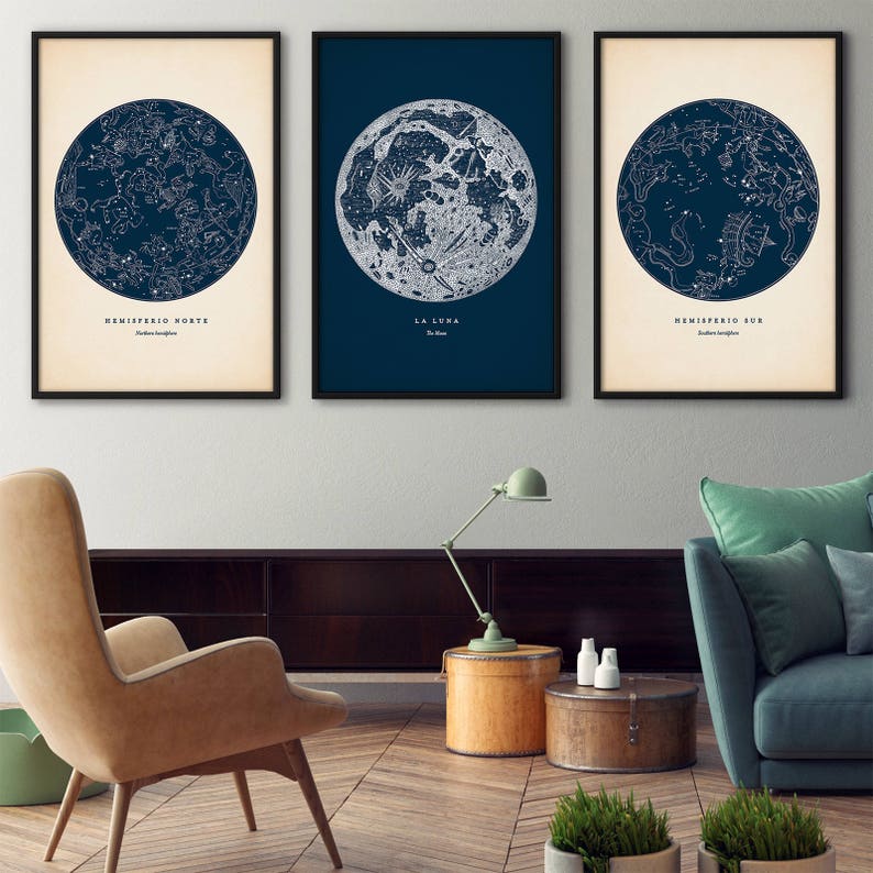 Astronomy print set of 3, Star map print, Star chart print, Constellation art, Constellations chart, Moon print, Nautical decor, Wall art image 1