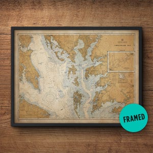 Vecchia mappa di Chesapeake Bay, grande arte incorniciata, mappa vintage, arredamento nautico, extra large, arredamento sopra letto, arte della camera da letto, mappa antica
