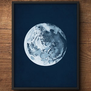 May include: A vintage illustration of the moon in shades of blue, with craters and surface details visible. The moon is depicted against a dark blue background.