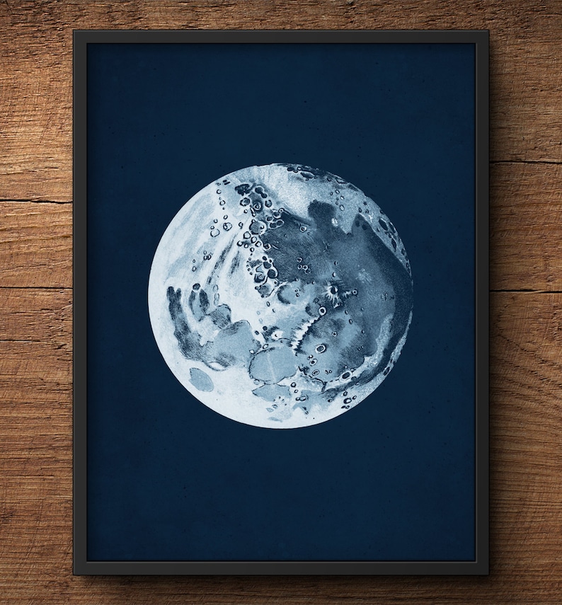 May include: A vintage illustration of the moon in shades of blue, with craters and surface details visible. The moon is depicted against a dark blue background.