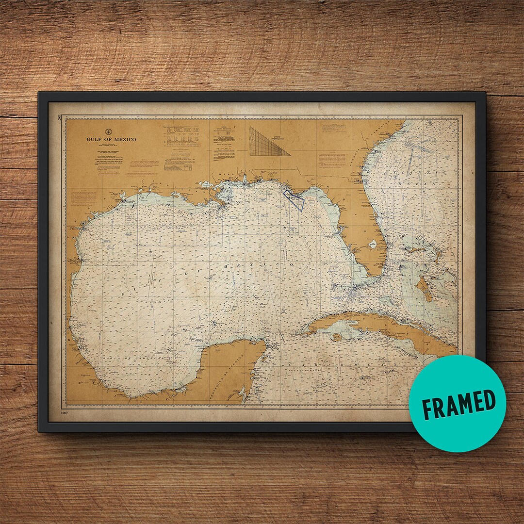 Gulf of Mexico Map, Framed Art, Large Framed Art, Vintage Map, Nautical