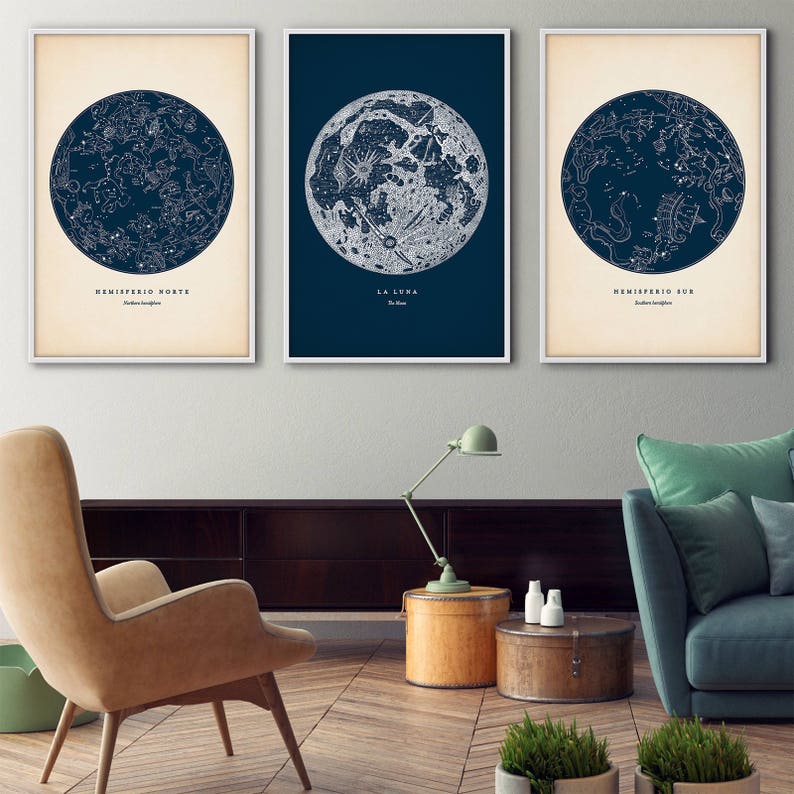 Astronomy print set of 3, Star map print, Star chart print, Constellation art, Constellations chart, Moon print, Nautical decor, Wall art image 2